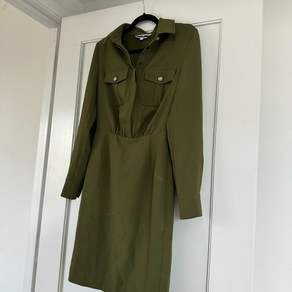 Veronica Beard A-line Shirt Dresss In Army Green Button Front Long Sleeves Front - Picture 6 of 7